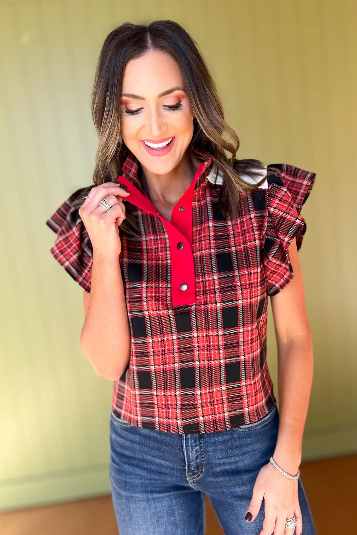 Black Plaid Print Flutter Sleeve Front Snap Button Top *FINAL SALE*