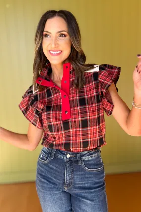 Black Plaid Print Flutter Sleeve Front Snap Button Top *FINAL SALE*