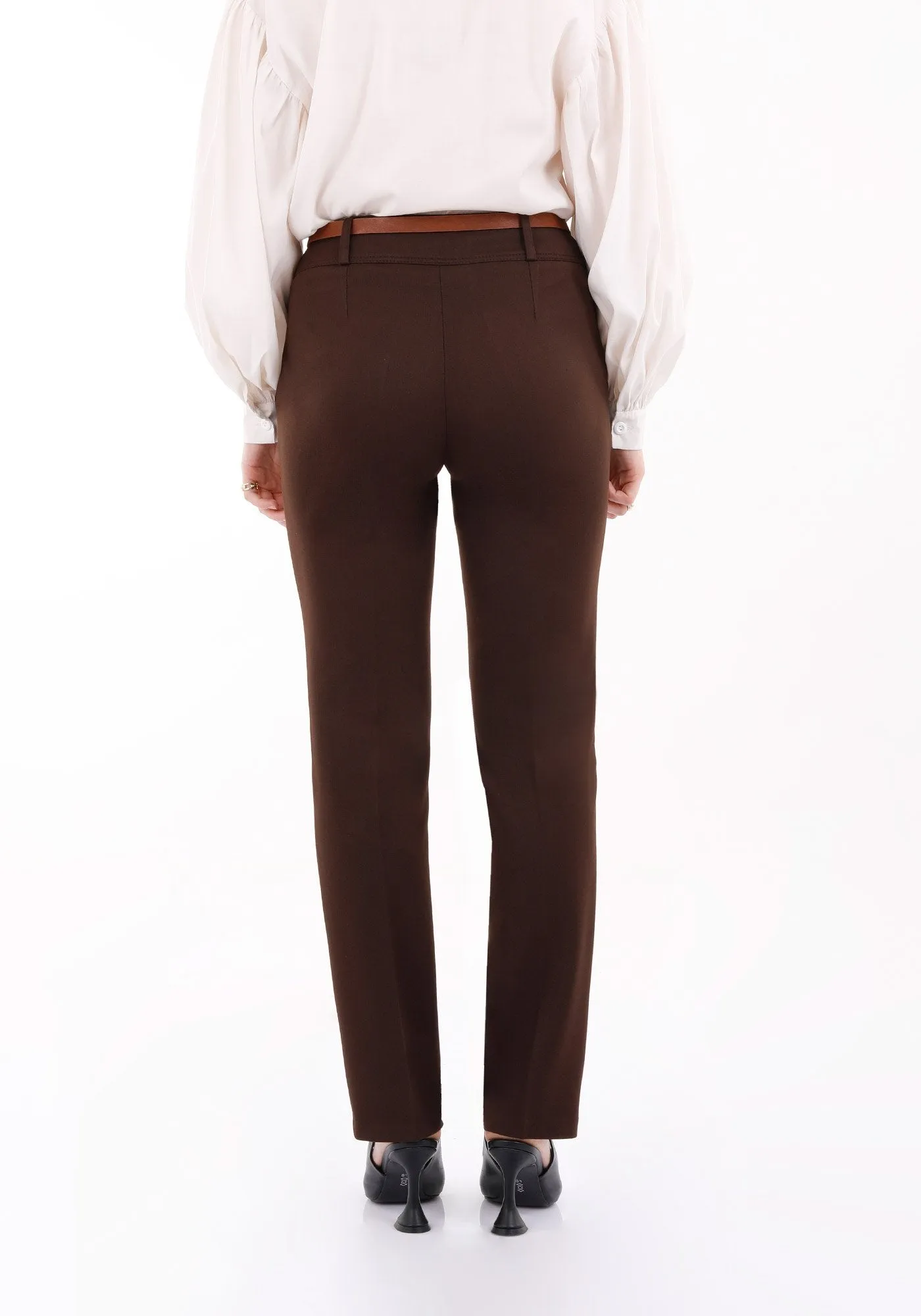 Brown Straight Leg Pants with Pockets and Belt