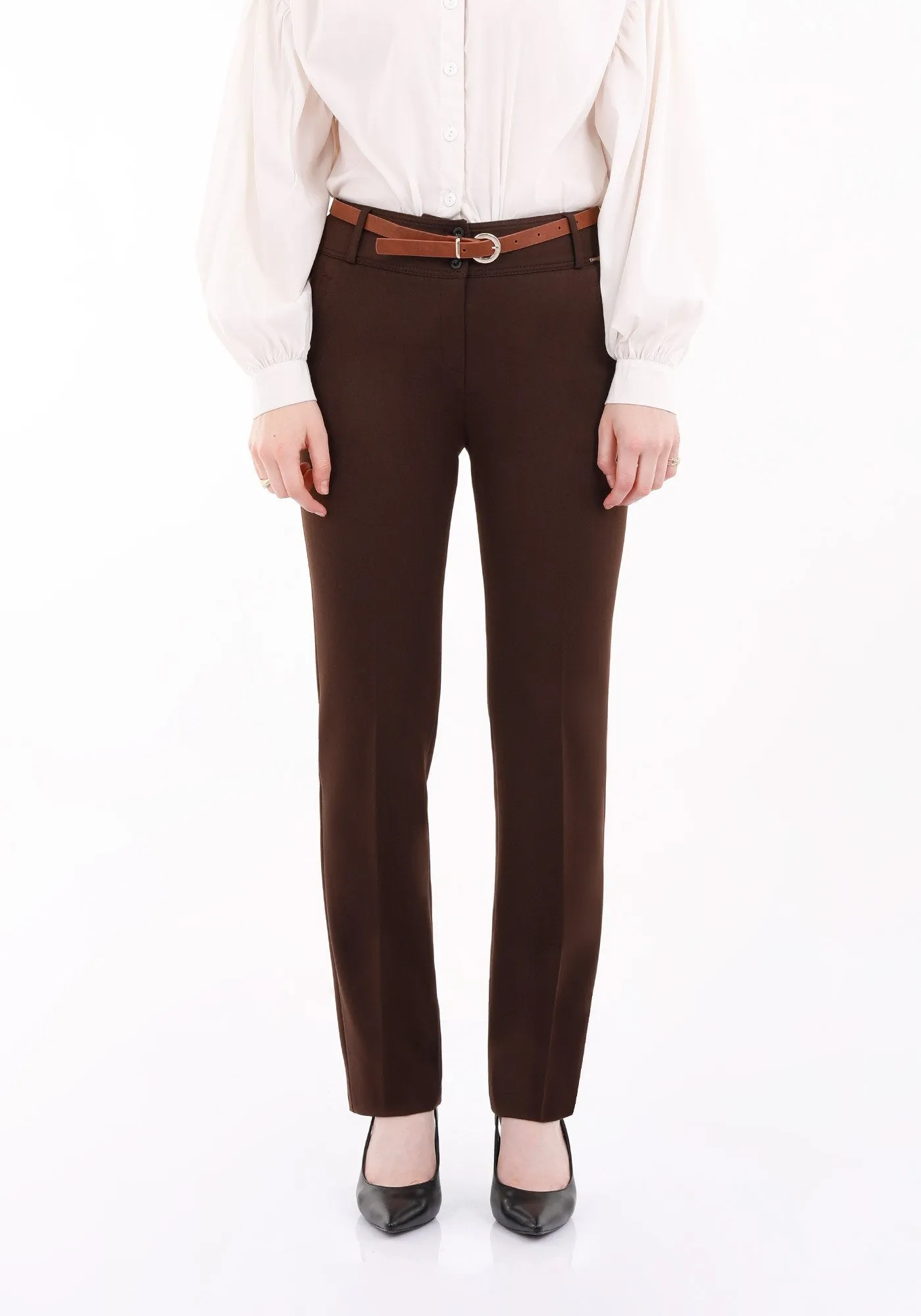 Brown Straight Leg Pants with Pockets and Belt