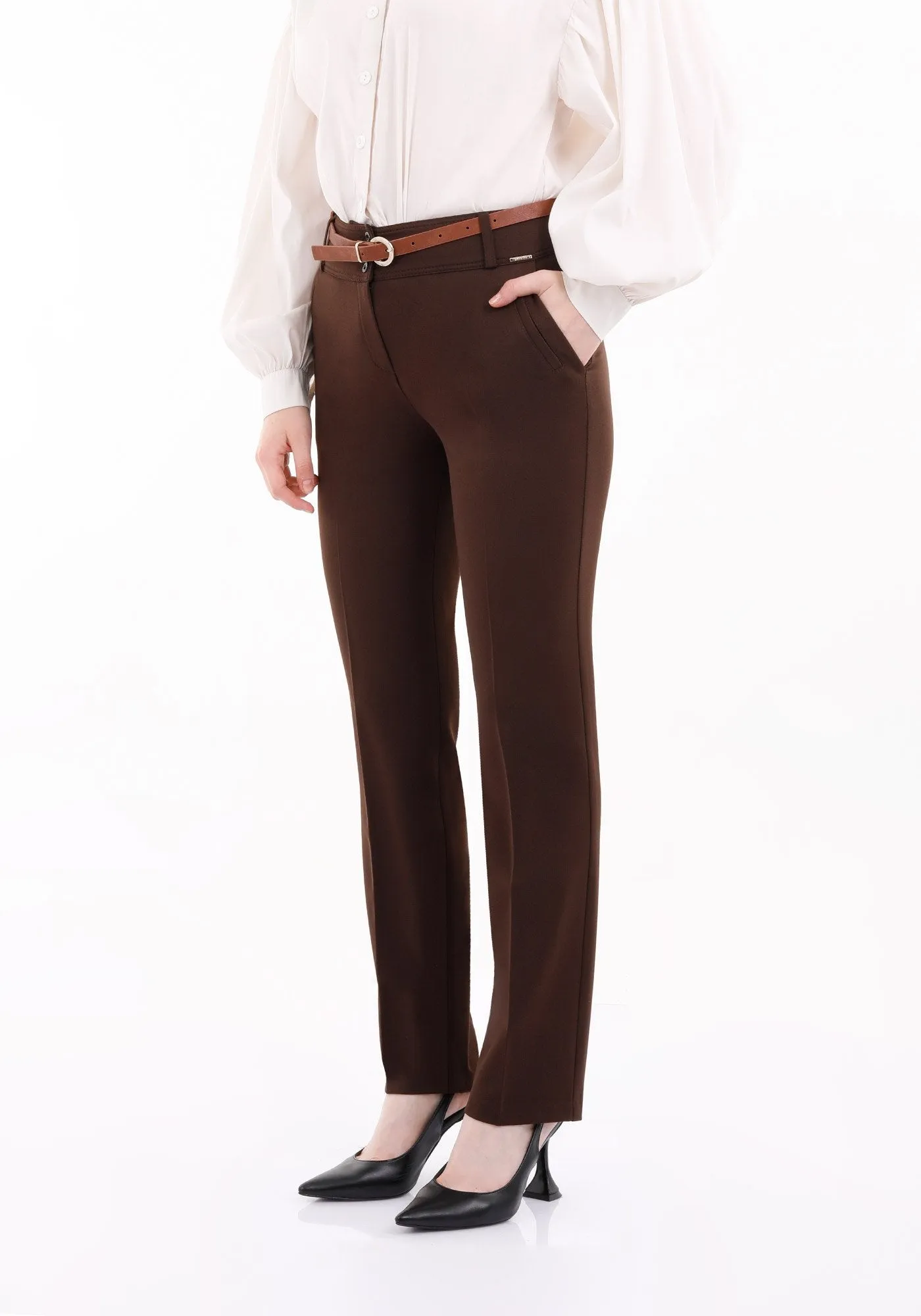 Brown Straight Leg Pants with Pockets and Belt