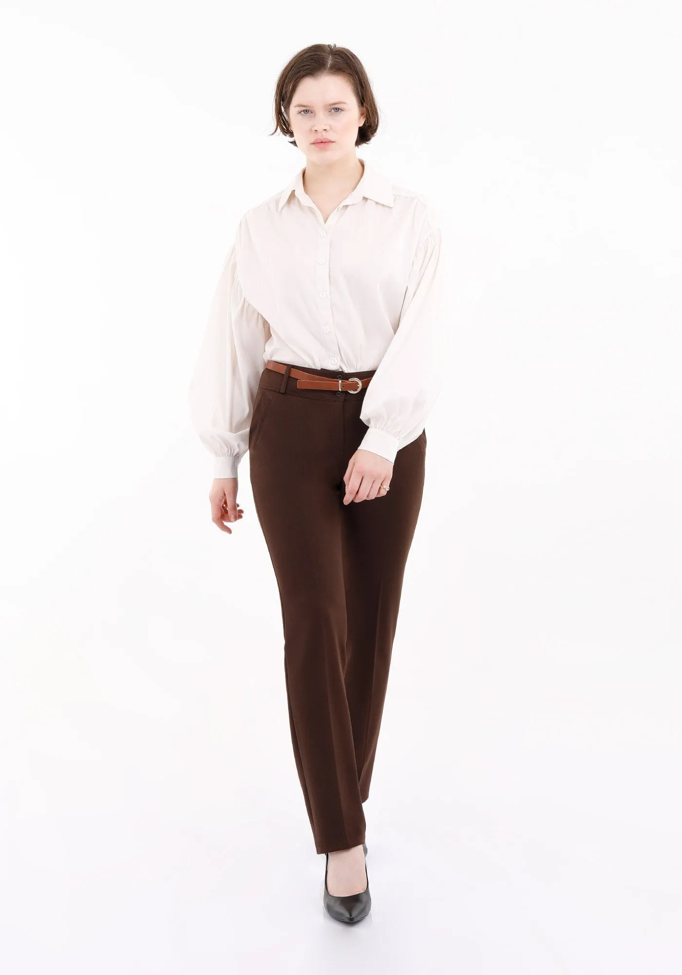 Brown Straight Leg Pants with Pockets and Belt