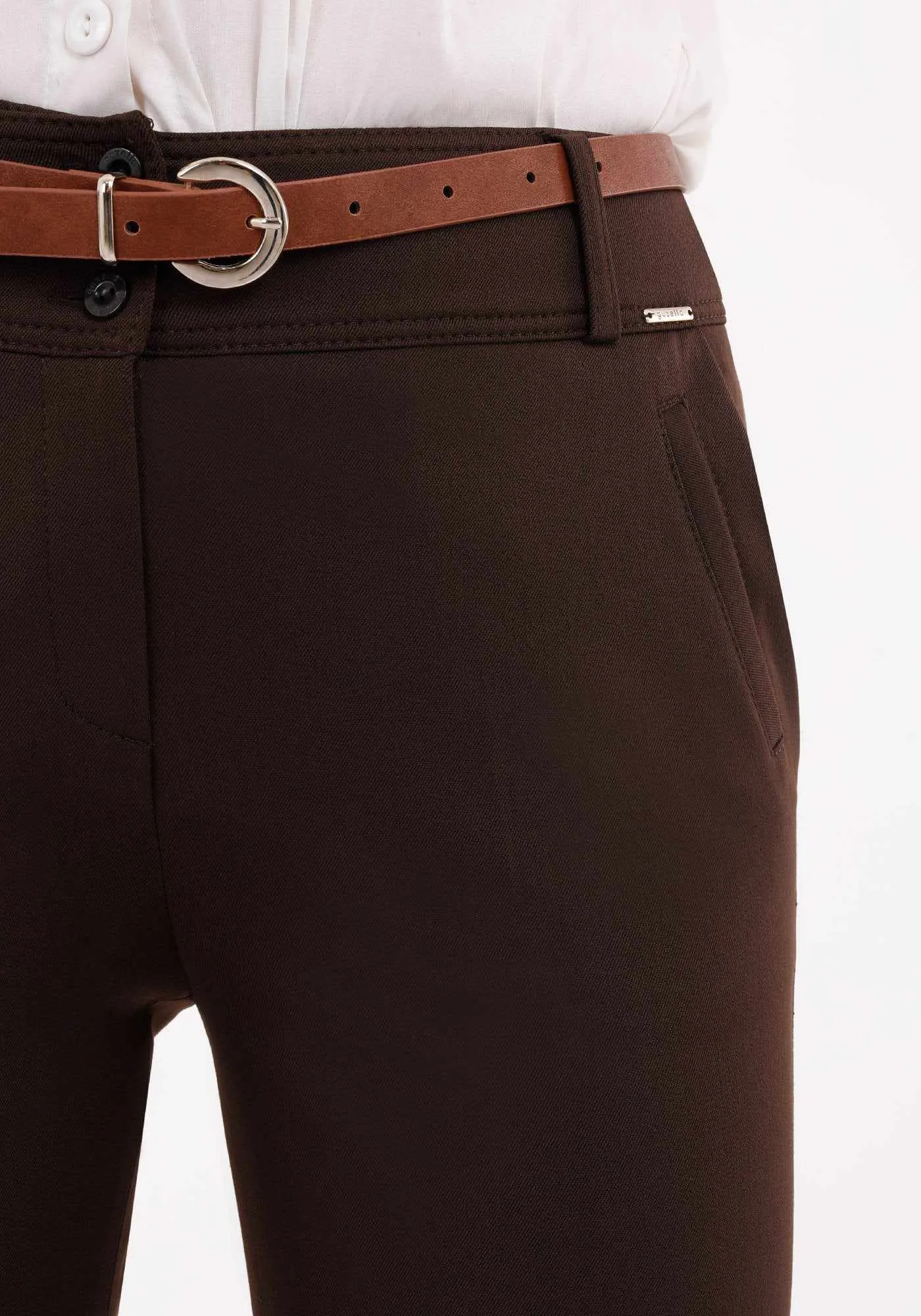Brown Straight Leg Pants with Pockets and Belt