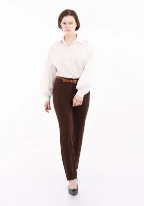 Brown Straight Leg Pants with Pockets and Belt