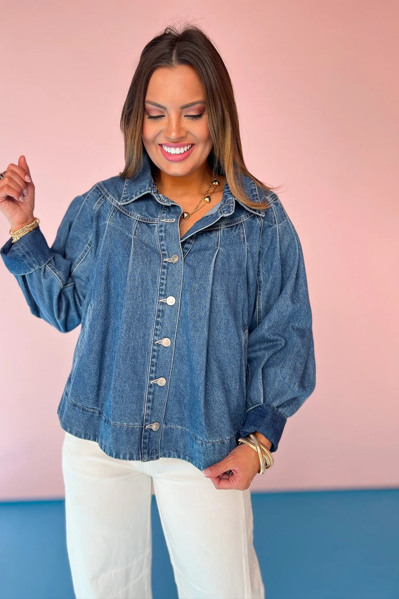 Denim Pleated Yoke Contrast Stitching Detail Jacket