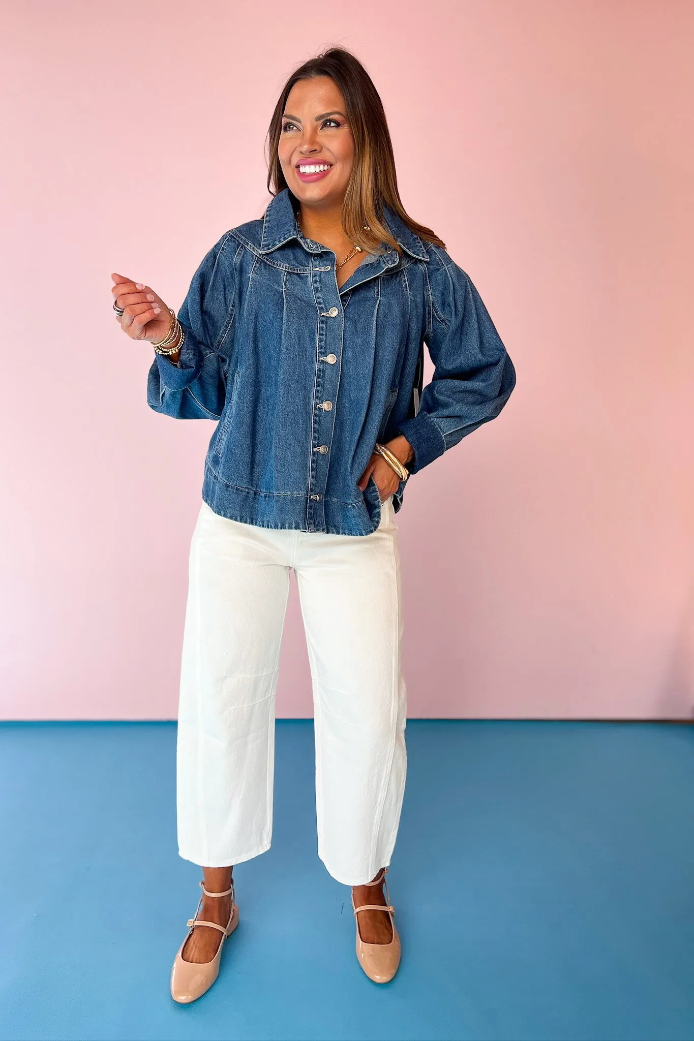 Denim Pleated Yoke Contrast Stitching Detail Jacket