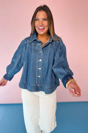 Denim Pleated Yoke Contrast Stitching Detail Jacket