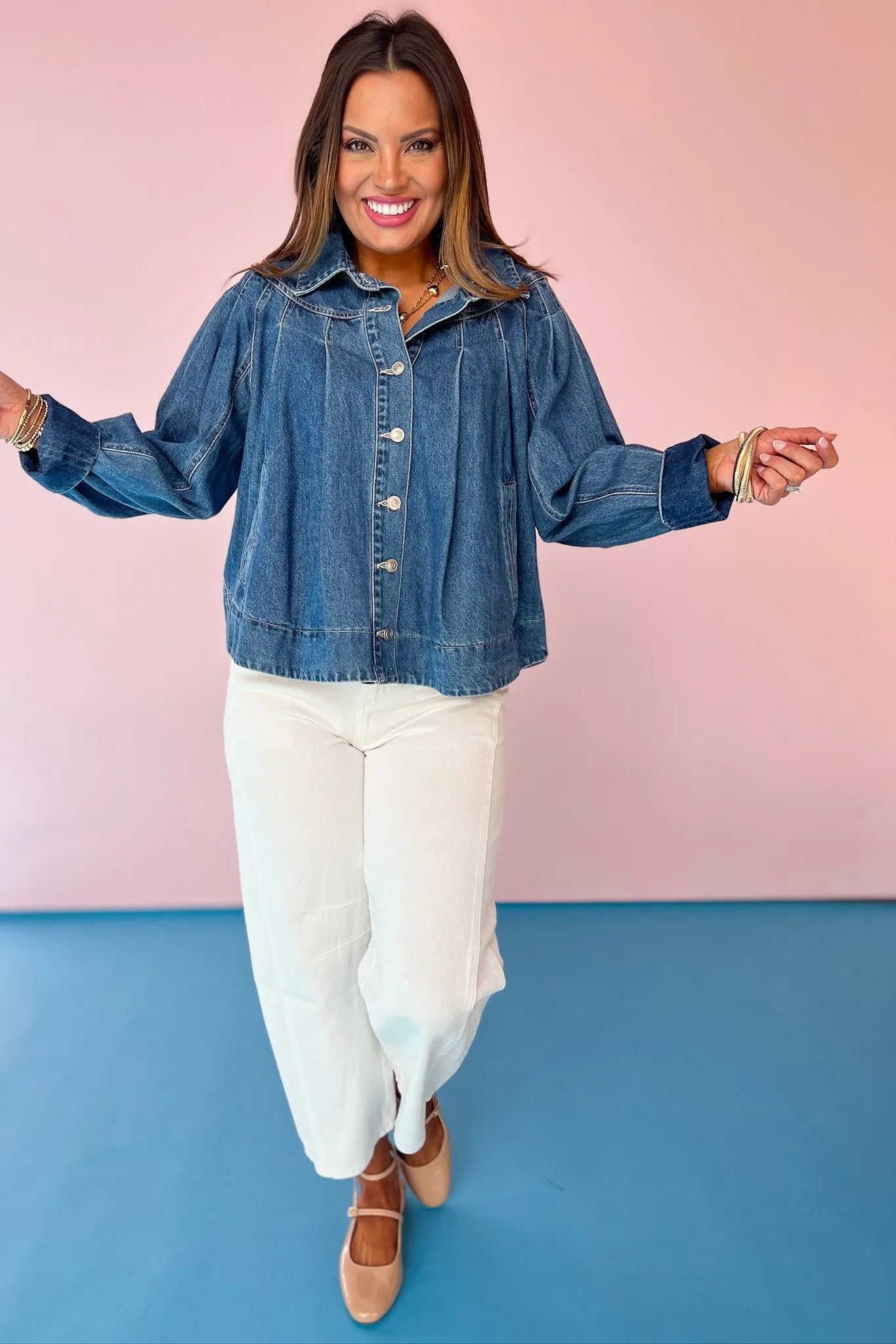 Denim Pleated Yoke Contrast Stitching Detail Jacket