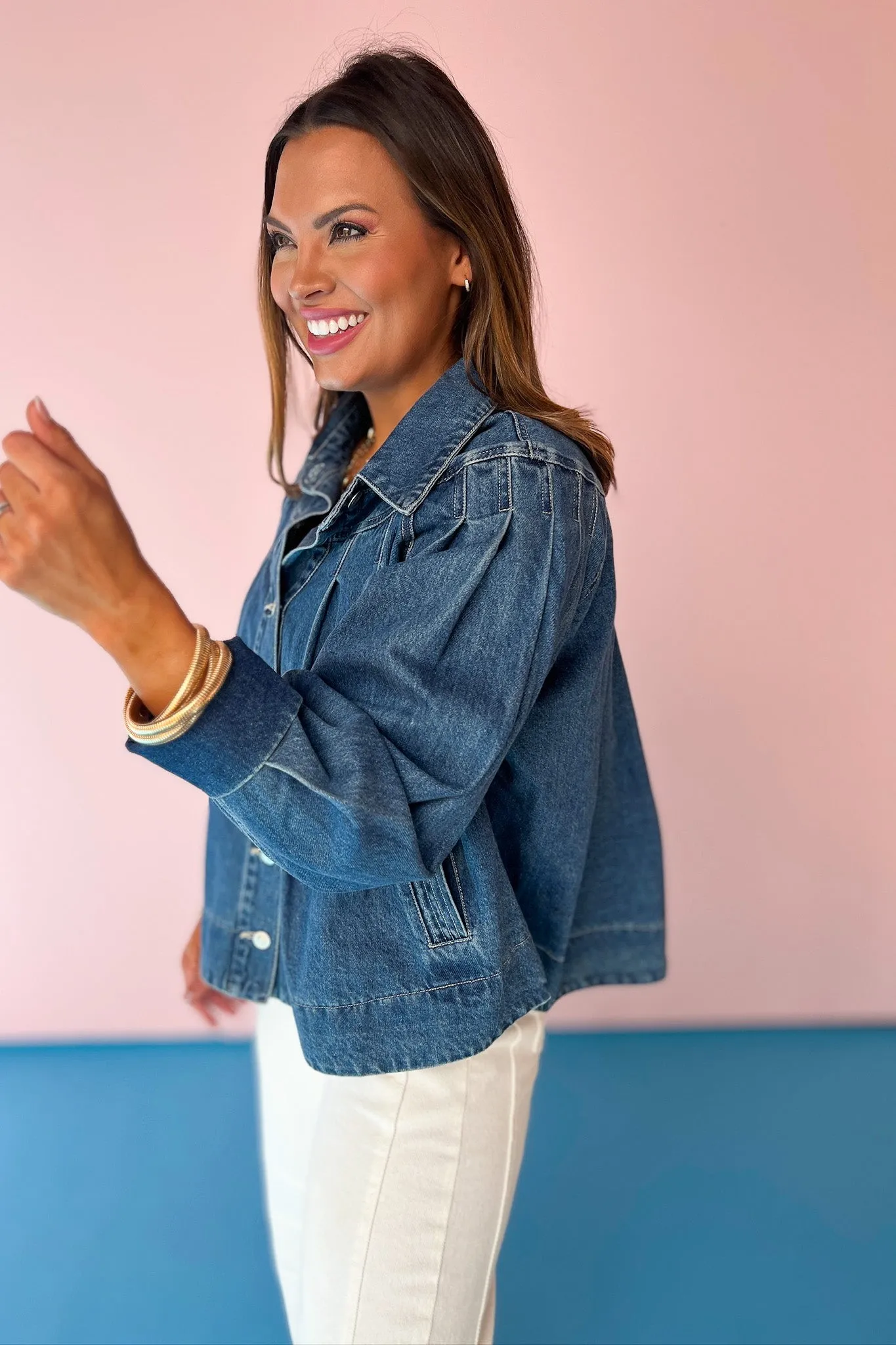Denim Pleated Yoke Contrast Stitching Detail Jacket