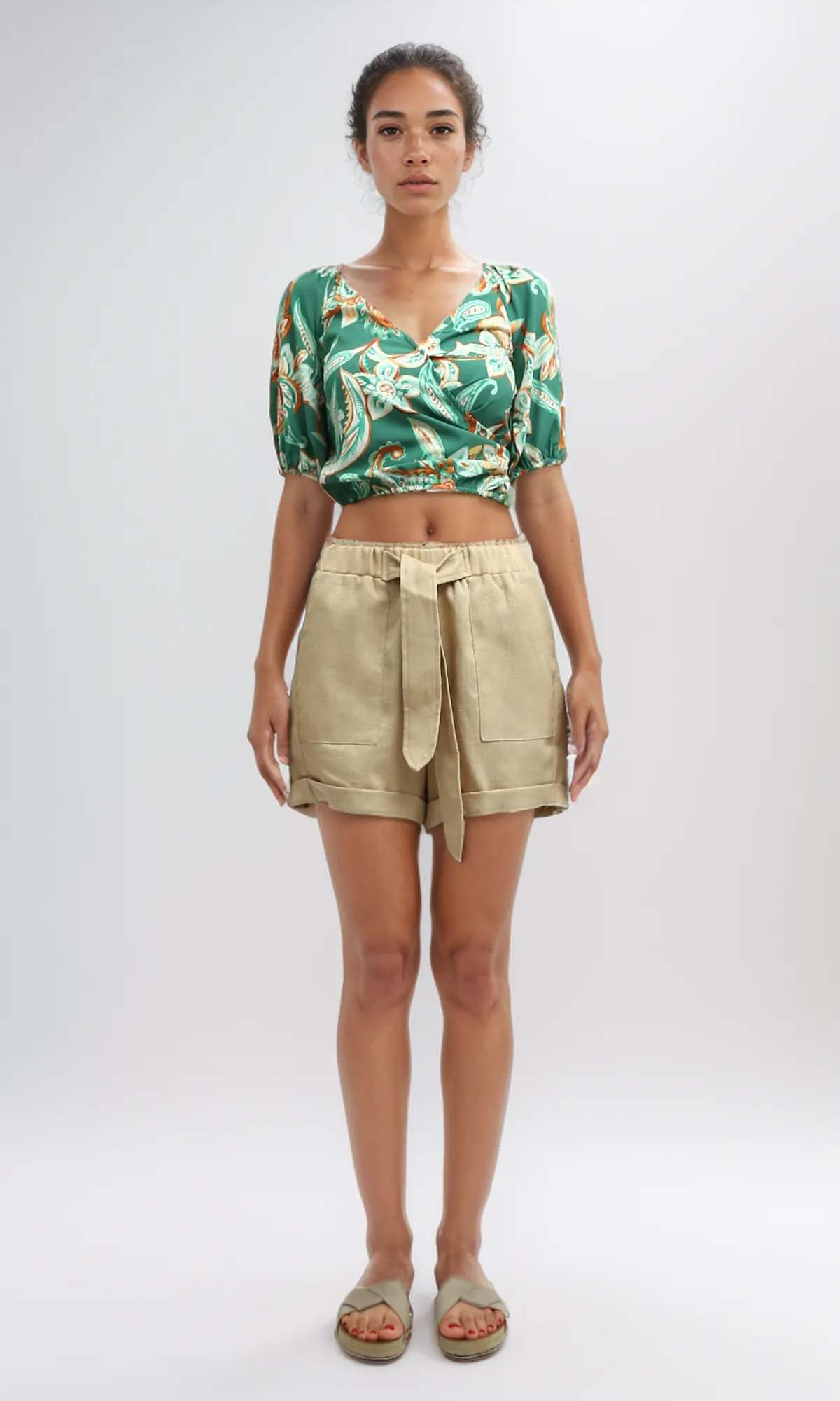 O192258 Green & White Women'S Summer V Neck Cropped Top