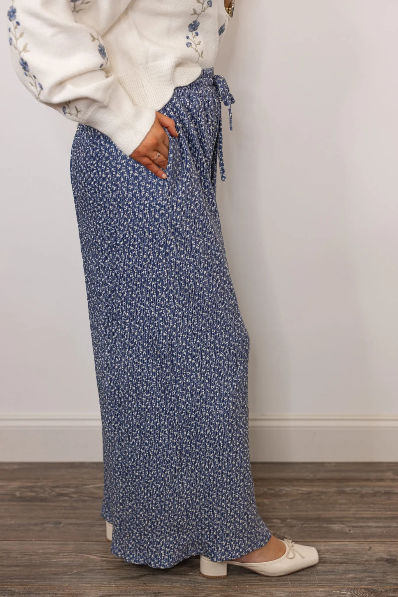 Pleated Velvet Blue Floral Pants