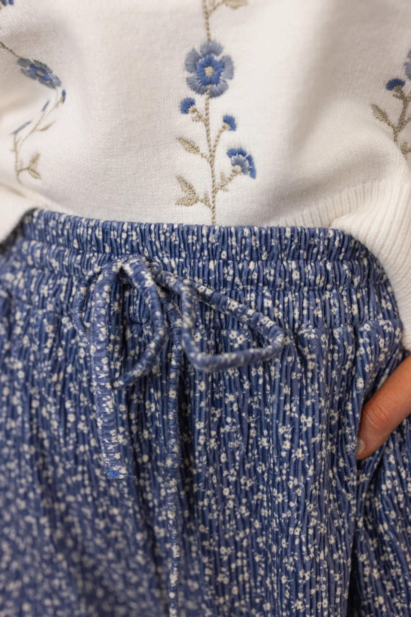 Pleated Velvet Blue Floral Pants