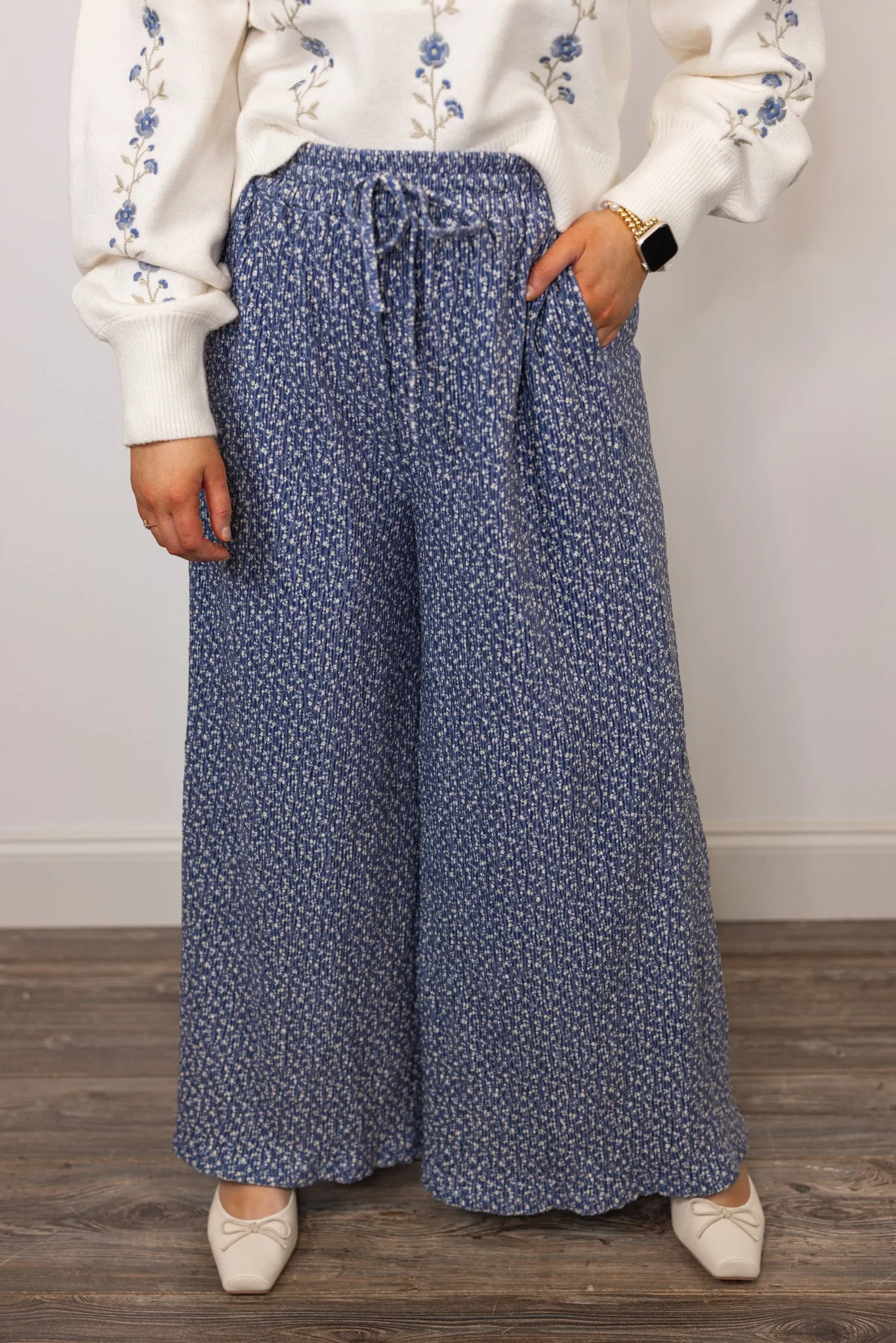 Pleated Velvet Blue Floral Pants