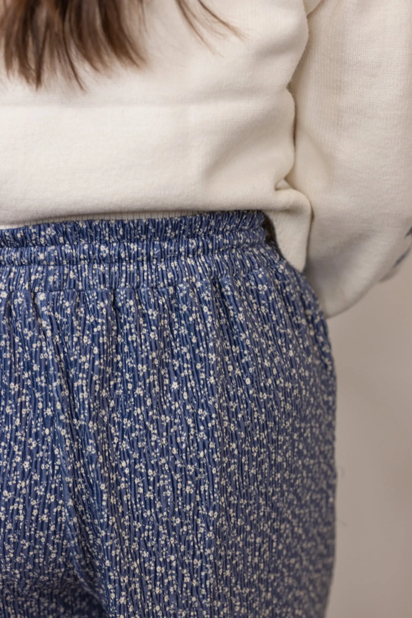 Pleated Velvet Blue Floral Pants