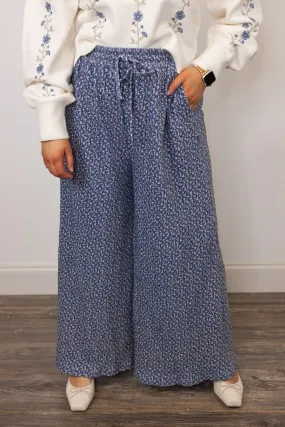 Pleated Velvet Blue Floral Pants