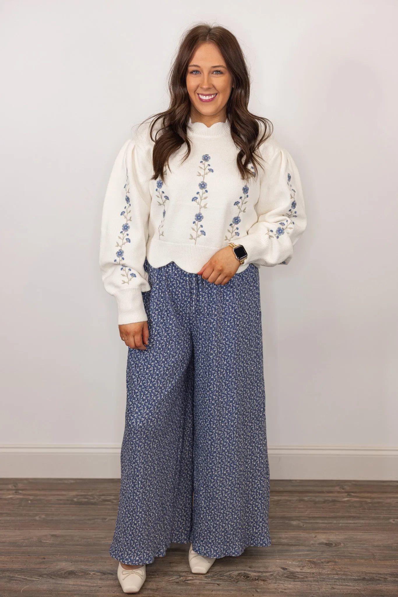 Pleated Velvet Blue Floral Pants