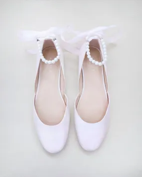 Satin Round Toe Evening Flat with All Pearls Ankle Strap