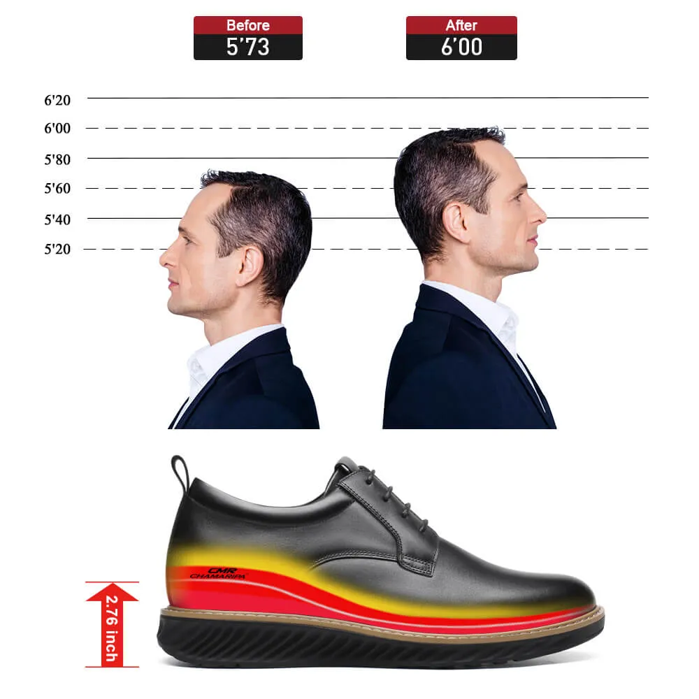 This item only ships to Europe - 7CM / 2.76 Inches CMR CHAMARIPA Black Painted Calfskin Leather Elevator Shoes for Men - Elevate Your Business Casual Look