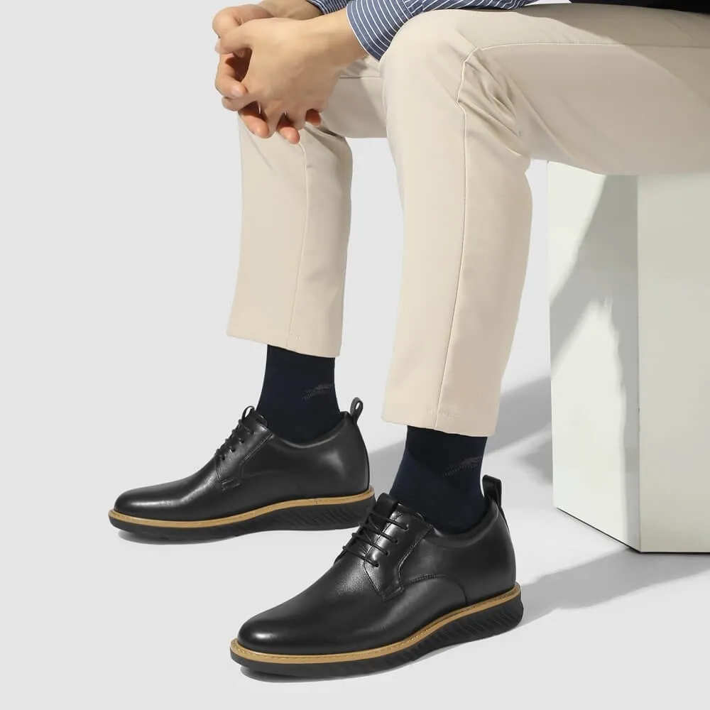 This item only ships to Europe - 7CM / 2.76 Inches CMR CHAMARIPA Black Painted Calfskin Leather Elevator Shoes for Men - Elevate Your Business Casual Look
