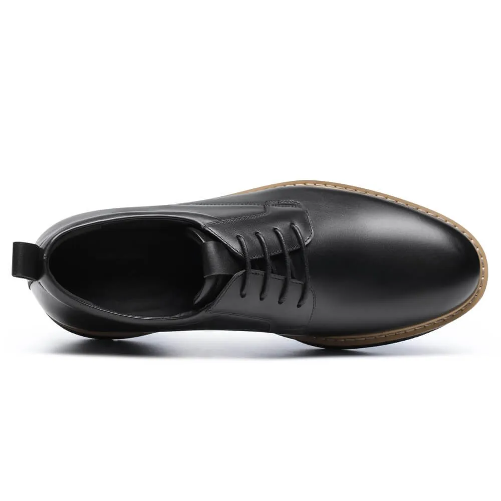 This item only ships to Europe - 7CM / 2.76 Inches CMR CHAMARIPA Black Painted Calfskin Leather Elevator Shoes for Men - Elevate Your Business Casual Look