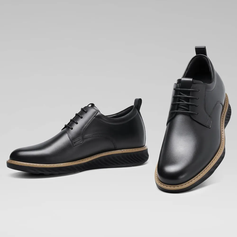 This item only ships to Europe - 7CM / 2.76 Inches CMR CHAMARIPA Black Painted Calfskin Leather Elevator Shoes for Men - Elevate Your Business Casual Look