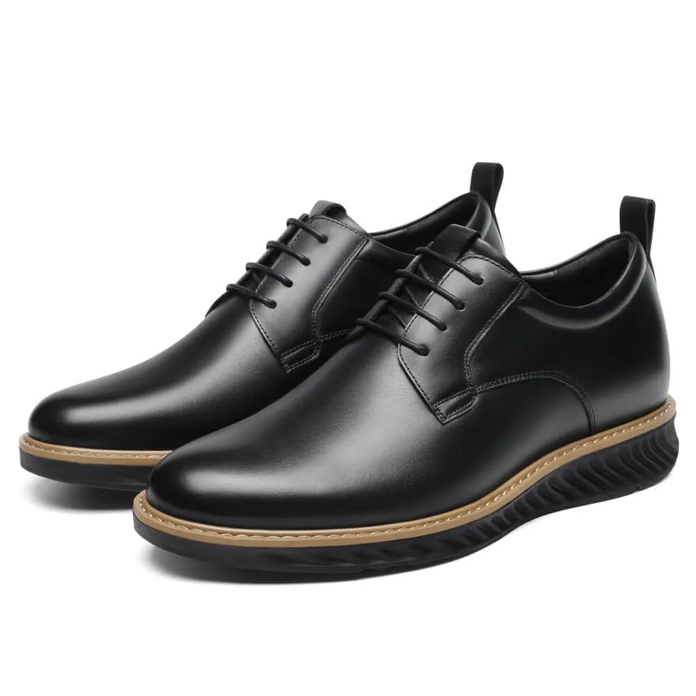 This item only ships to Europe - 7CM / 2.76 Inches CMR CHAMARIPA Black Painted Calfskin Leather Elevator Shoes for Men - Elevate Your Business Casual Look