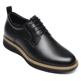This item only ships to Europe - 7CM / 2.76 Inches CMR CHAMARIPA Black Painted Calfskin Leather Elevator Shoes for Men - Elevate Your Business Casual Look