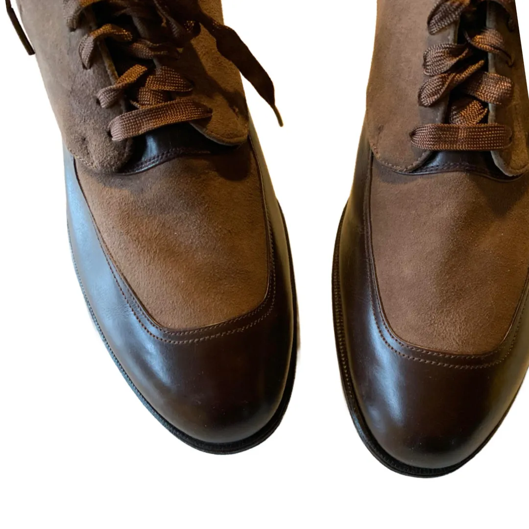 Two Tone Caramel and Chocolate Suede and Leather Loafer Shoes circa 1940s 8N