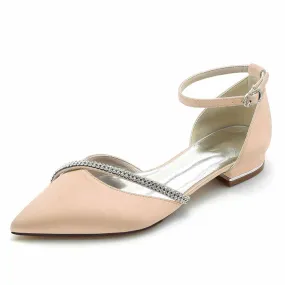 Women hand-made flat heel pointed toe ankle strap party wedding shoes with rhinestones